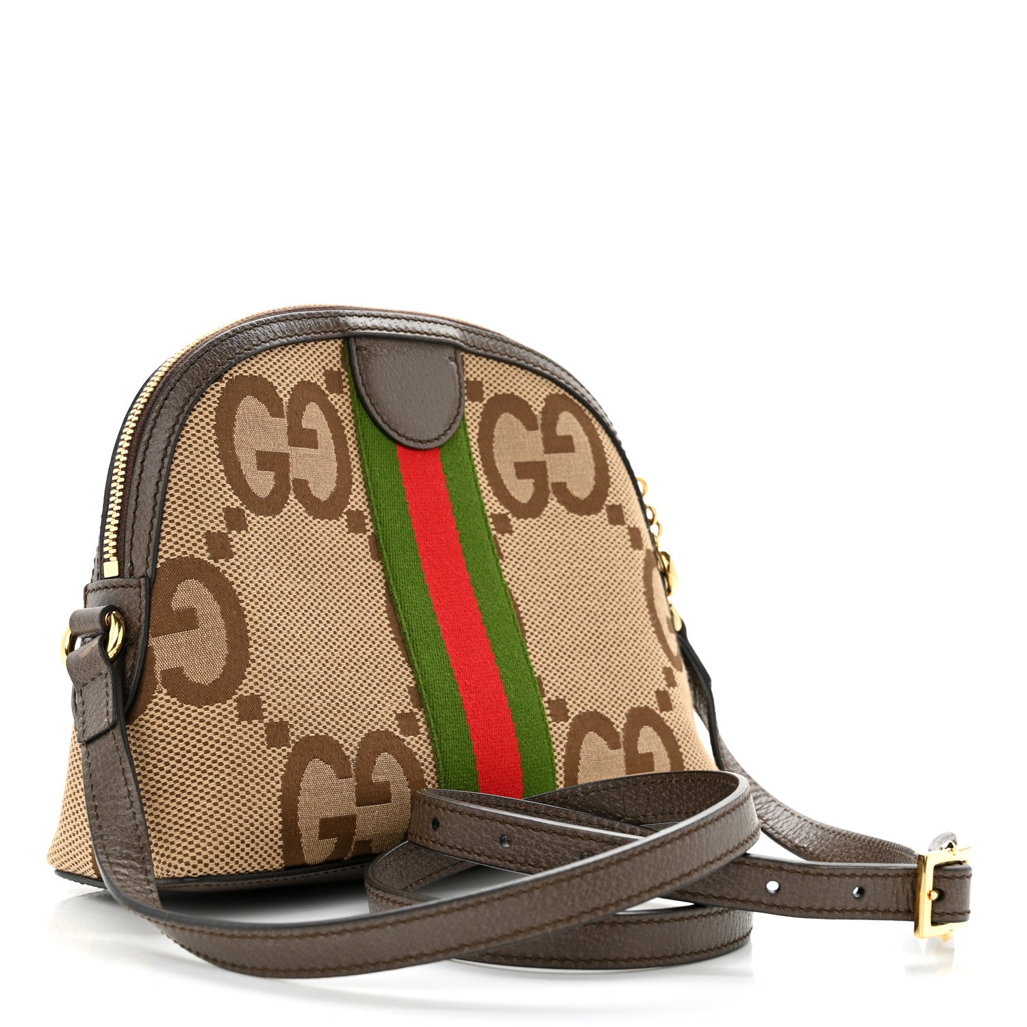 Gucci Monogram Jumbo GG Textured Dollar Calfskin Web Small Ophidia Dome Shoulder Bag Camel Ebony New Acero 3 of 13