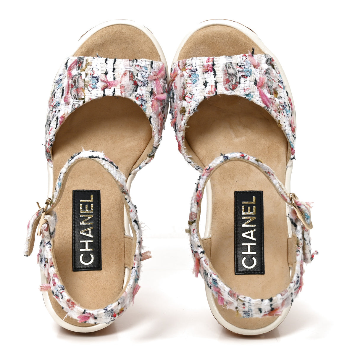 Chanel Tweed Cork CC Wedge Sandals 37.5 Ecru Pink Blue Green 5 of 8