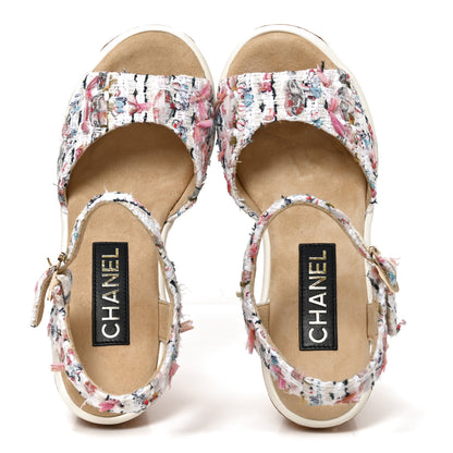 Chanel Tweed Cork CC Wedge Sandals 37.5 Ecru Pink Blue Green 5 of 8