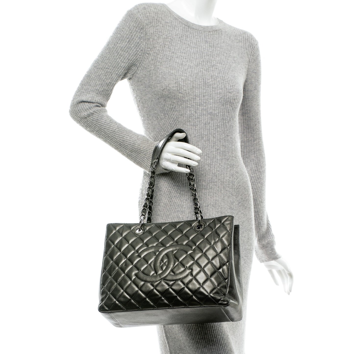 Metallic Caviar Quilted Grand Shopping Tote GST Dark Silver