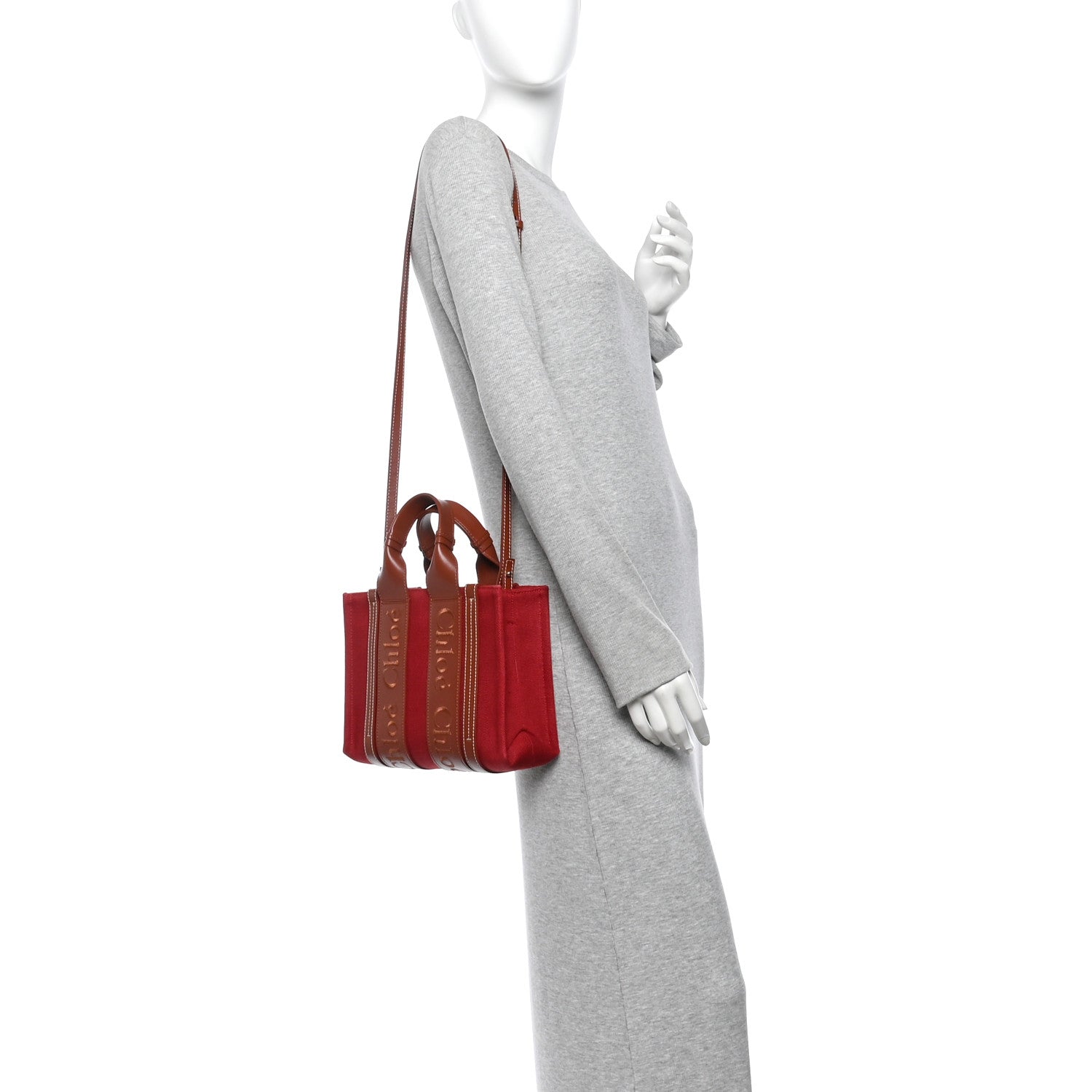 Chloe Cotton Calfskin Small Woody Ribbon Tote With Strap Dark Red 2 of 13