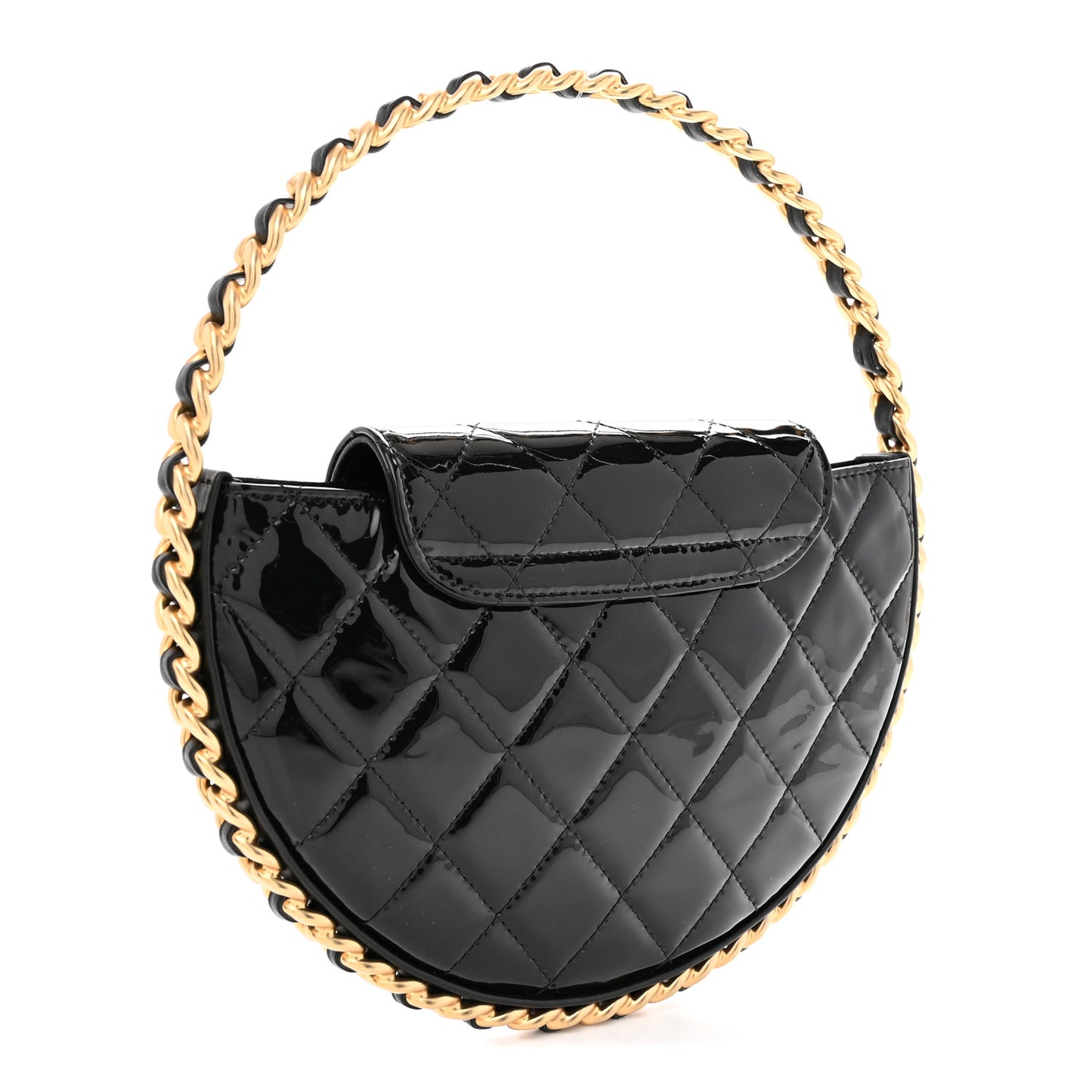 Patent Calfskin Quilted Chain Hoop Bag Black