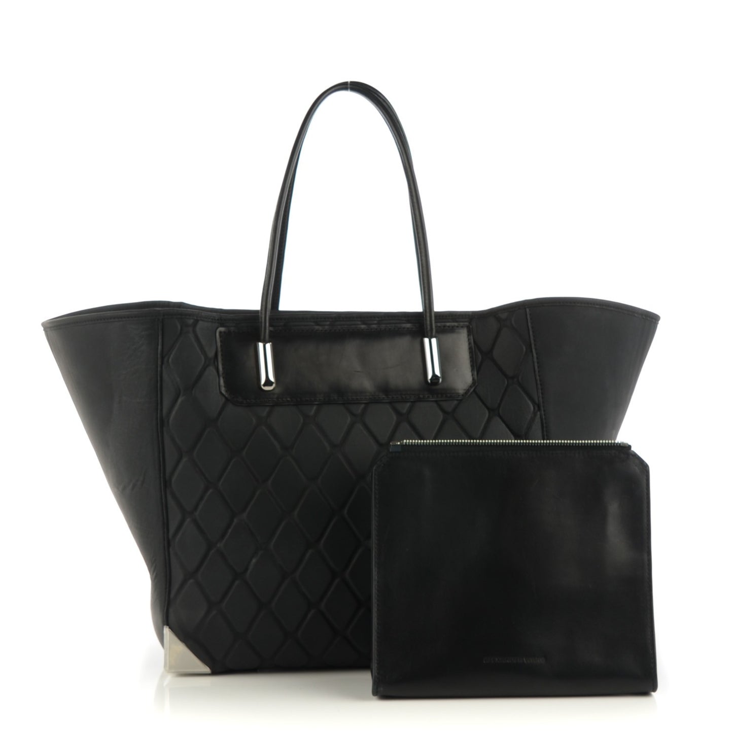 Lambskin Diamond Embossed Skeletal Tote Black
