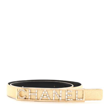 Chanel Metallic Lambskin Crystal Baguette Logo Belt 75 30 Gold 1 of 5
