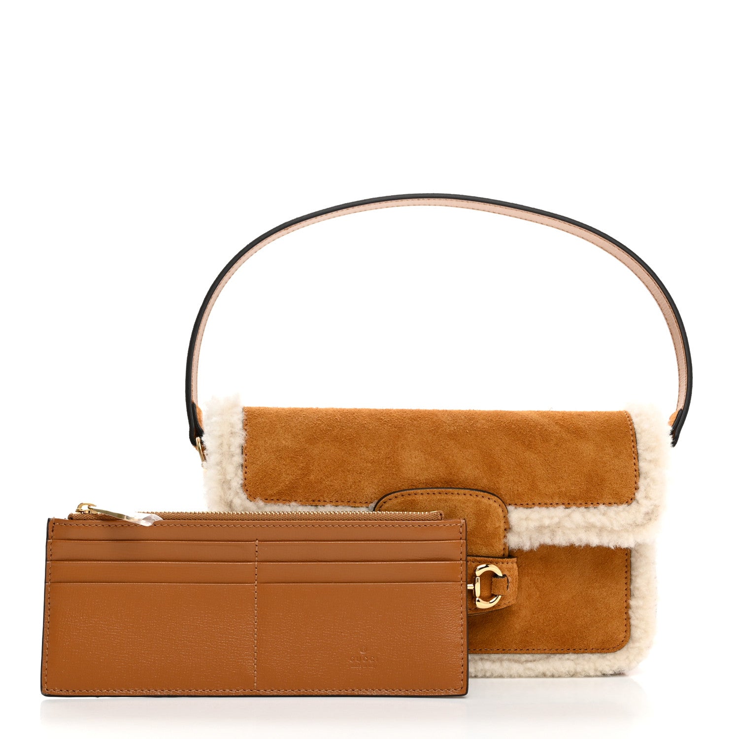 Gucci Suede Shearling Horsebit Mini 1955 Shoulder Bag Honey Beige Milk 2 of 13