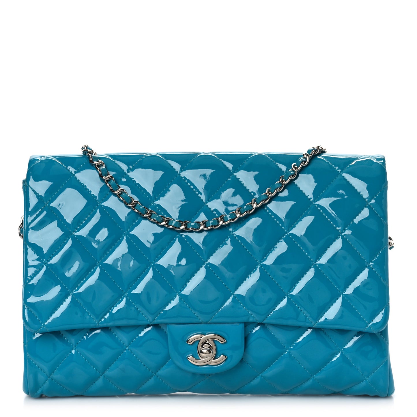 Patent Quilted Clutch with Chain Flap Blue