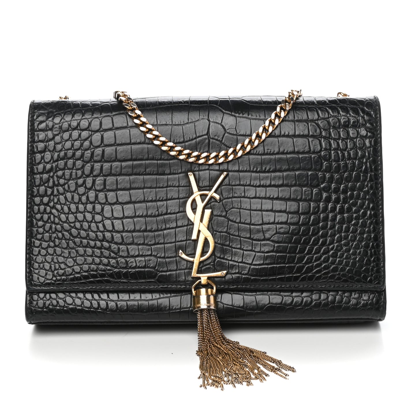 Calfskin Crocodile Embossed Medium Classic Monogram Kate Tassel Satchel Black