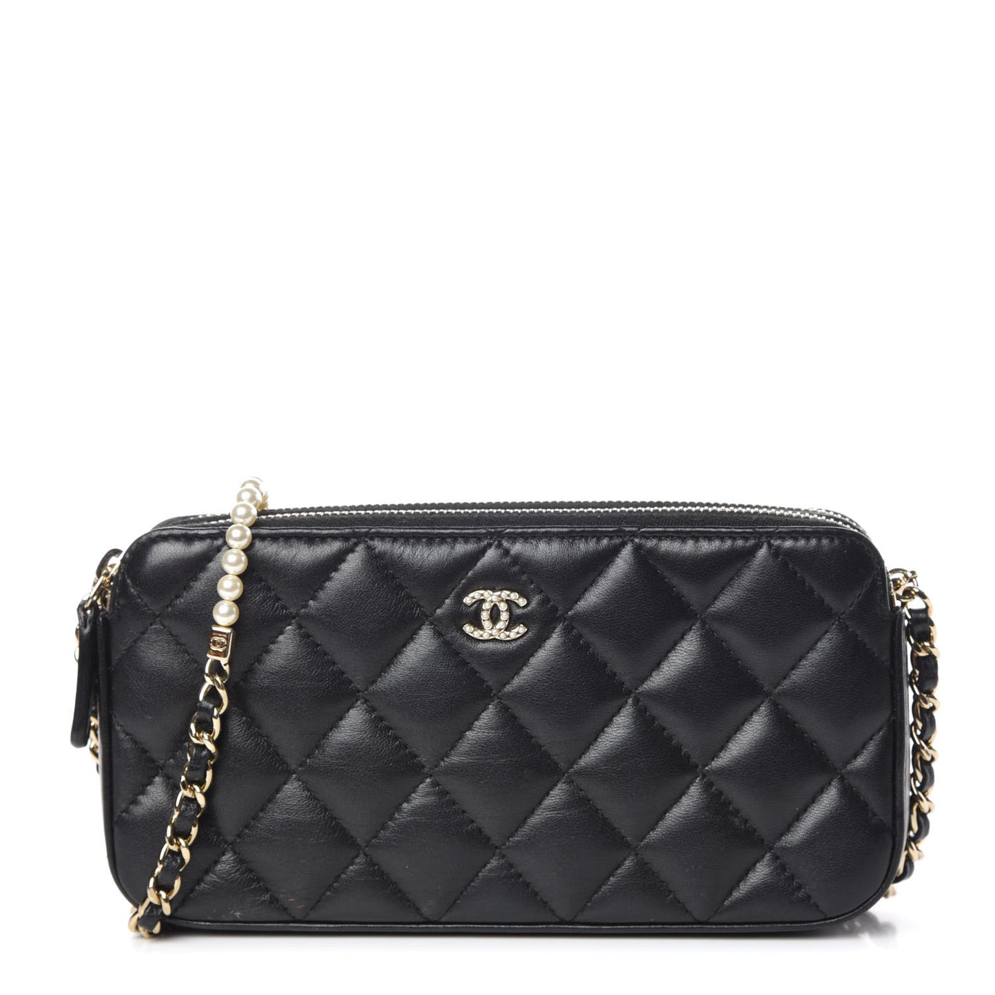 Iridescent Lambskin Quilted Pearl Clutch With Chain Black