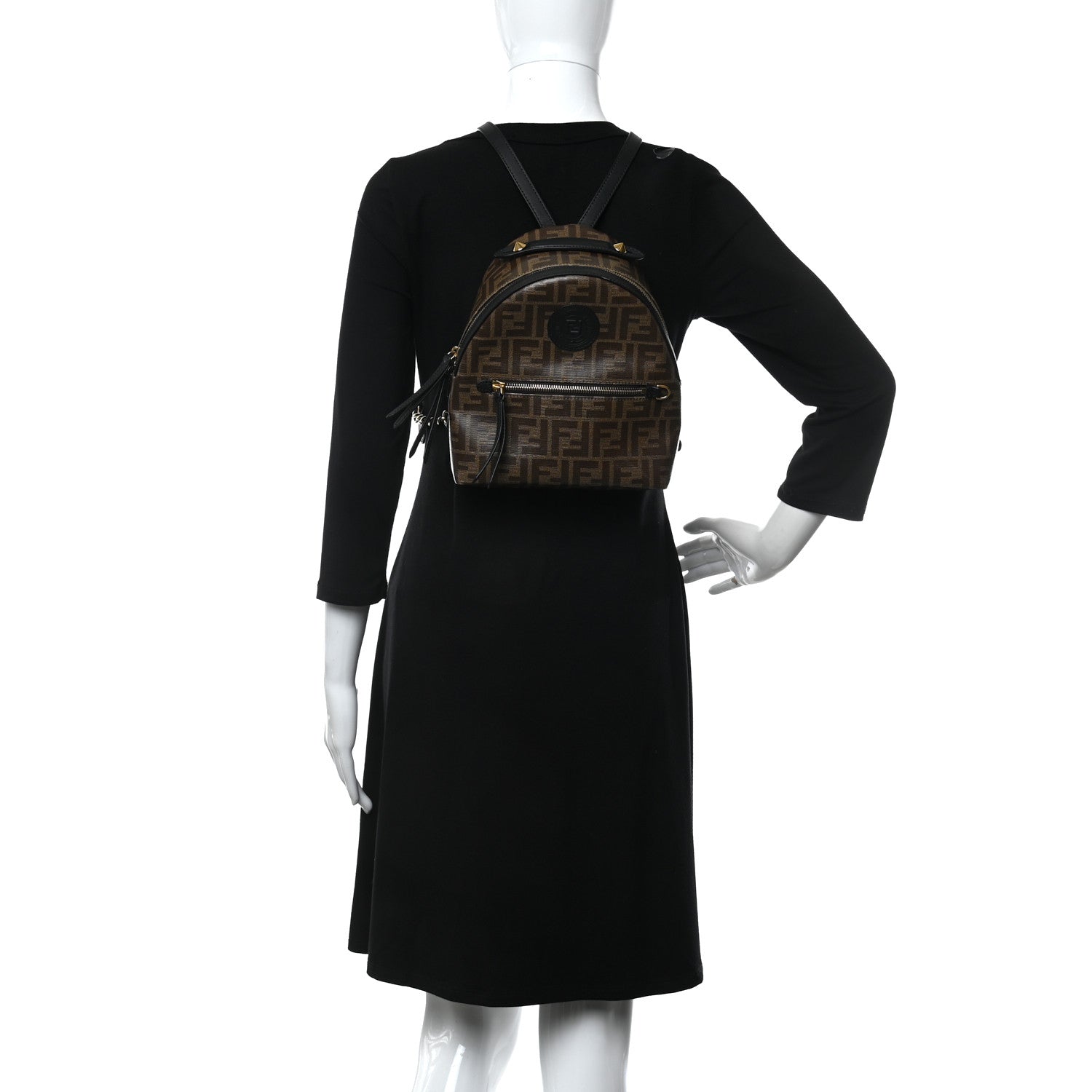 Fendi Glazed Fabric Vitello Century FF 1974 Stamp Patch Mini Backpack Mogano Panna Black 2 of 16
