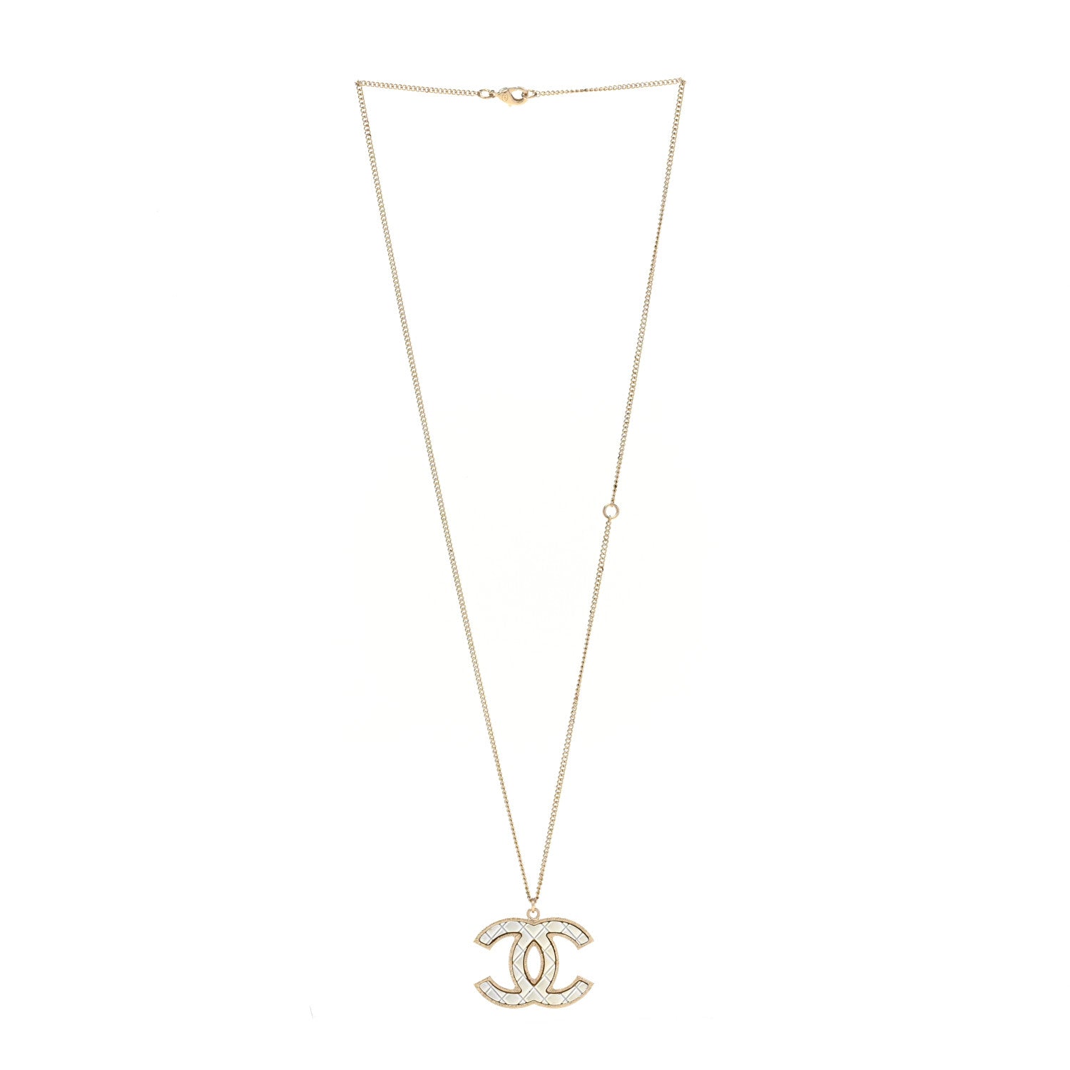Chanel Metal Quilted CC Pendant Necklace Gold White 3 of 5