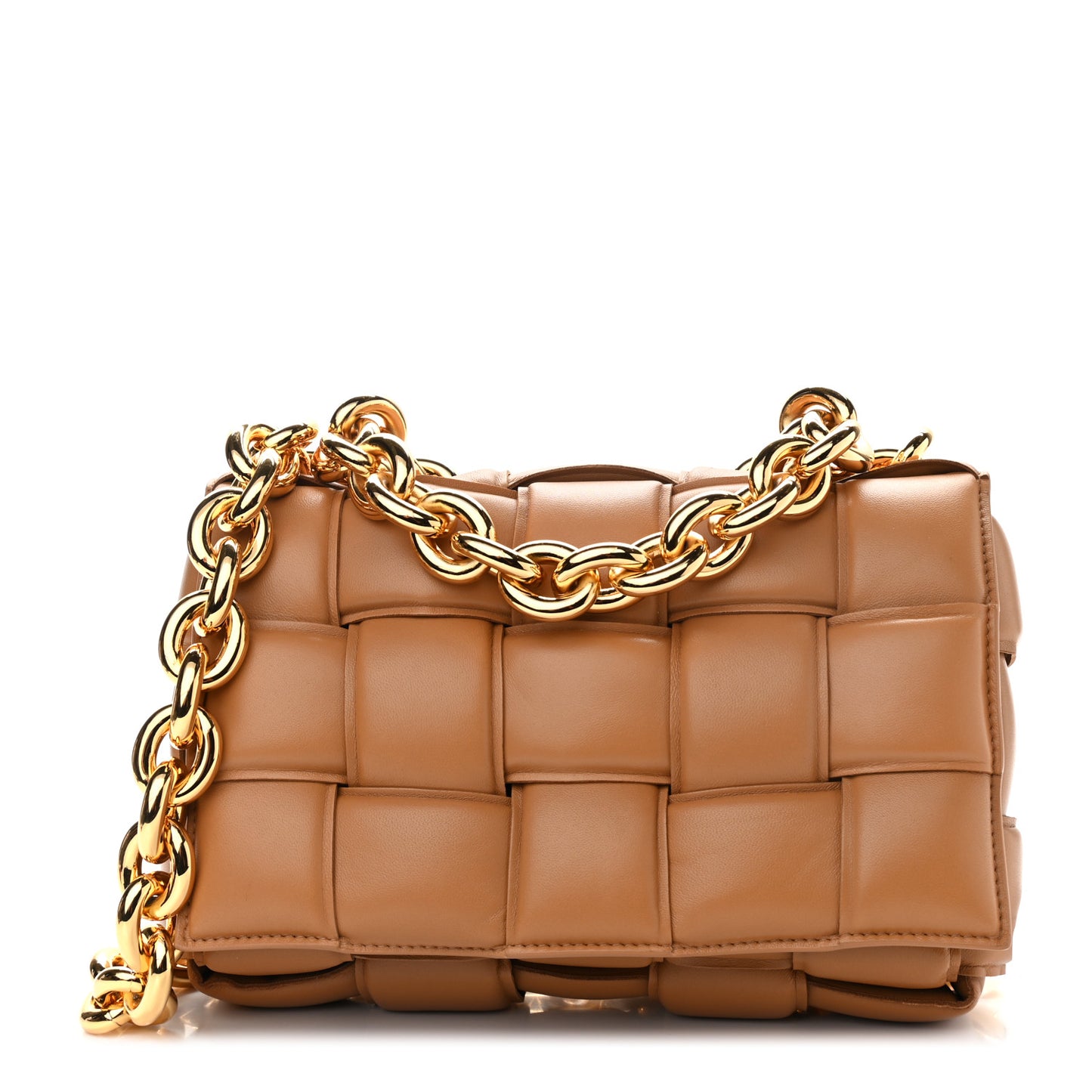 Lambskin Maxi Intreccio Padded Chain Cassette Crossbody Bag Caramel