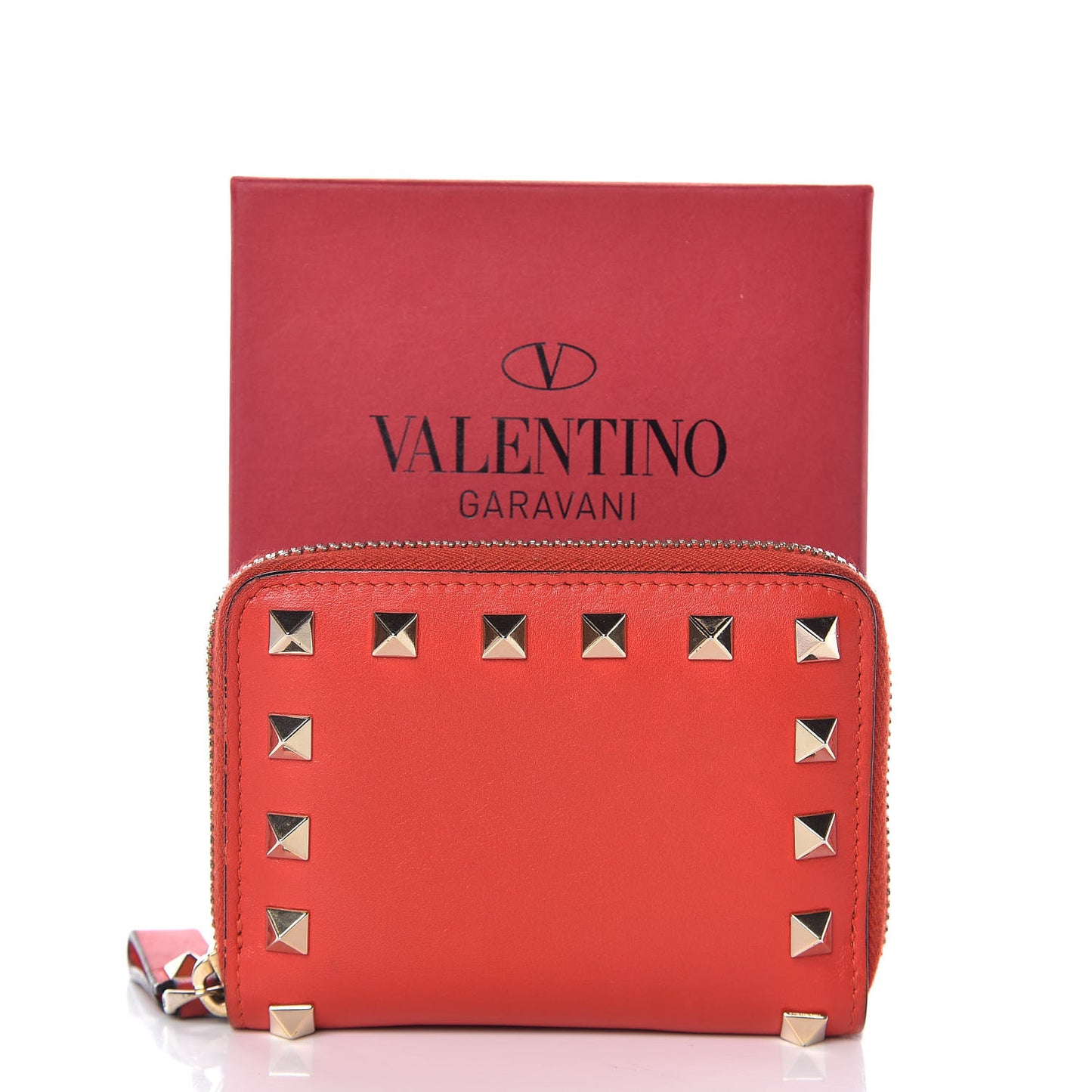 Calfskin Rockstud Zip Around Coin Case Card Holder Deep Orange