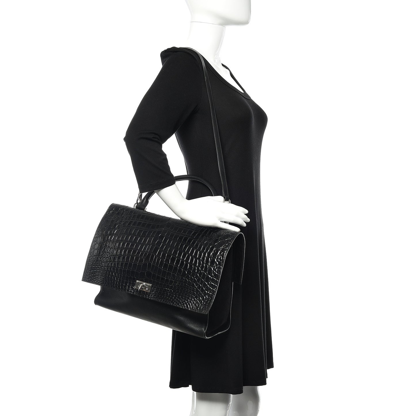 Calfskin Crocodile Embossed Medium Shark Lock Satchel Black