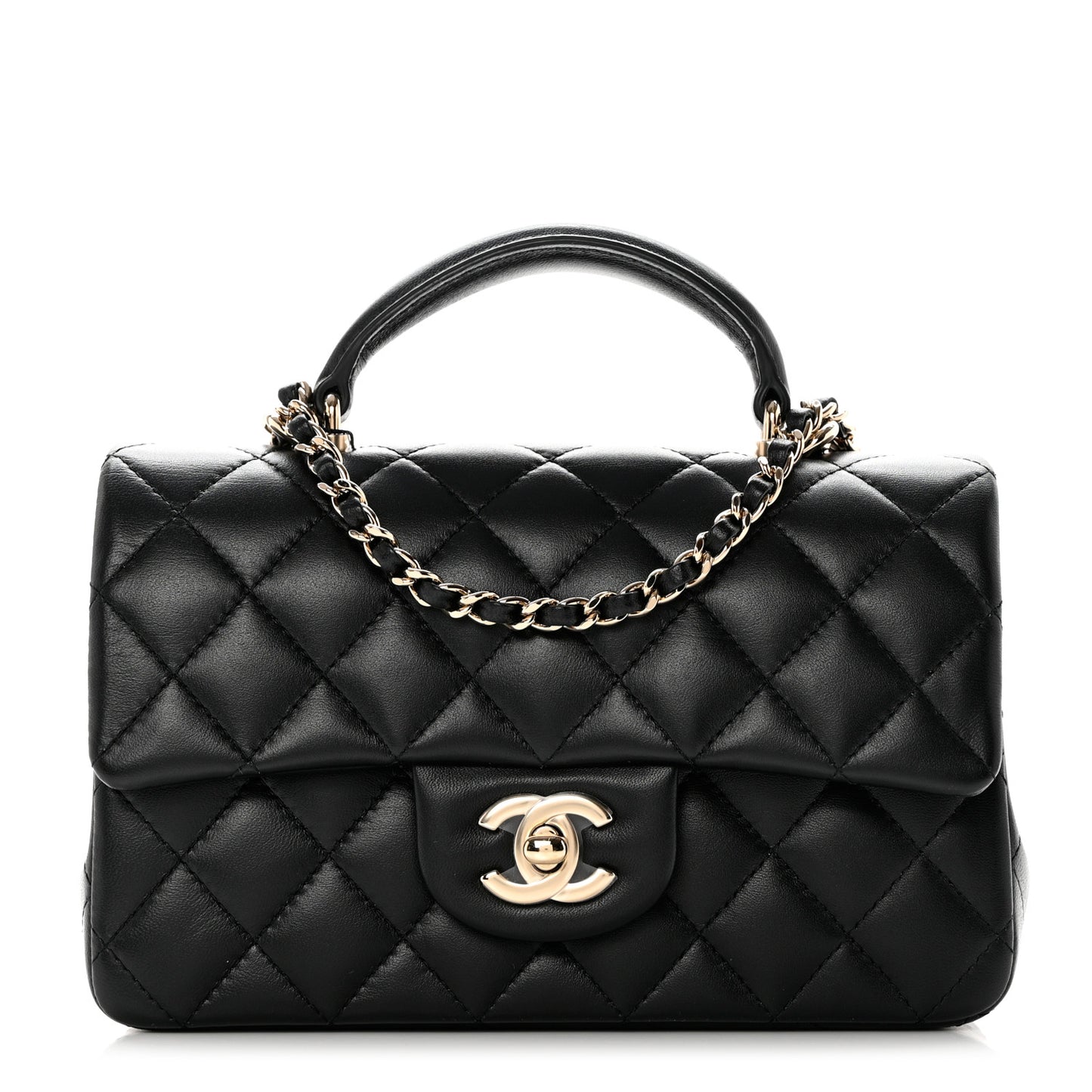 Lambskin Quilted Mini Top Handle Rectangular Flap Black