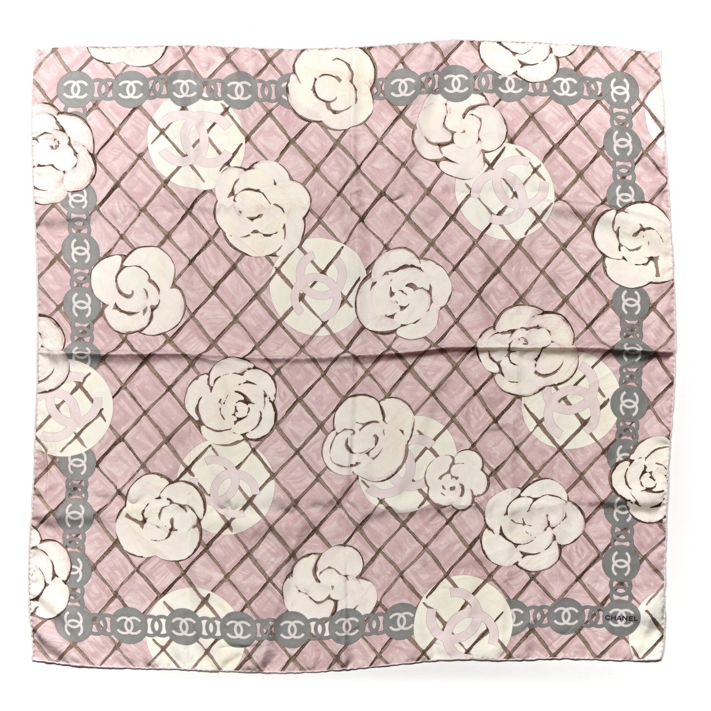 Silk CC Logo Camellia Scarf White Pink
