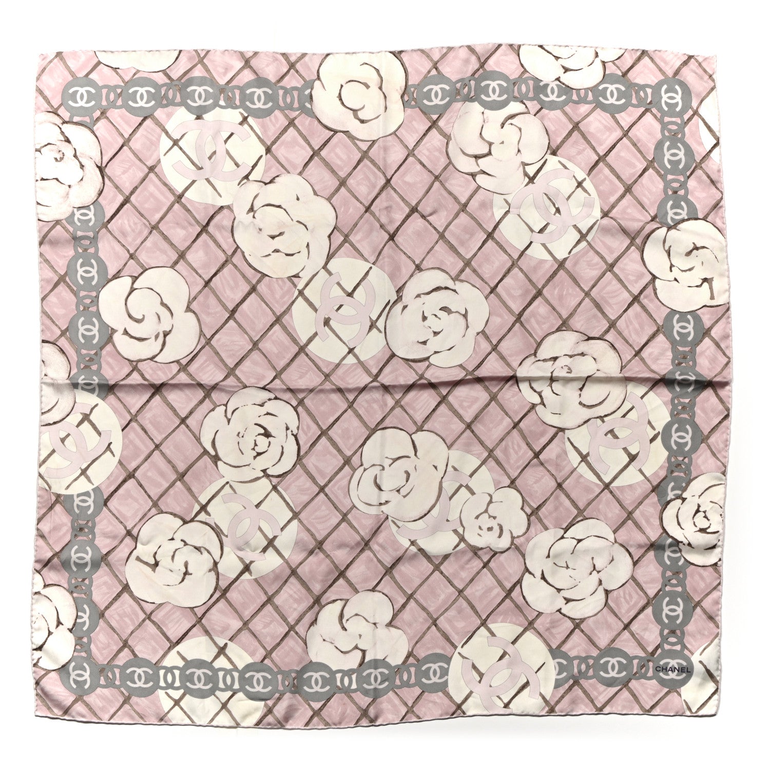 Chanel Silk CC Logo Camellia Scarf White Pink 1 of 5