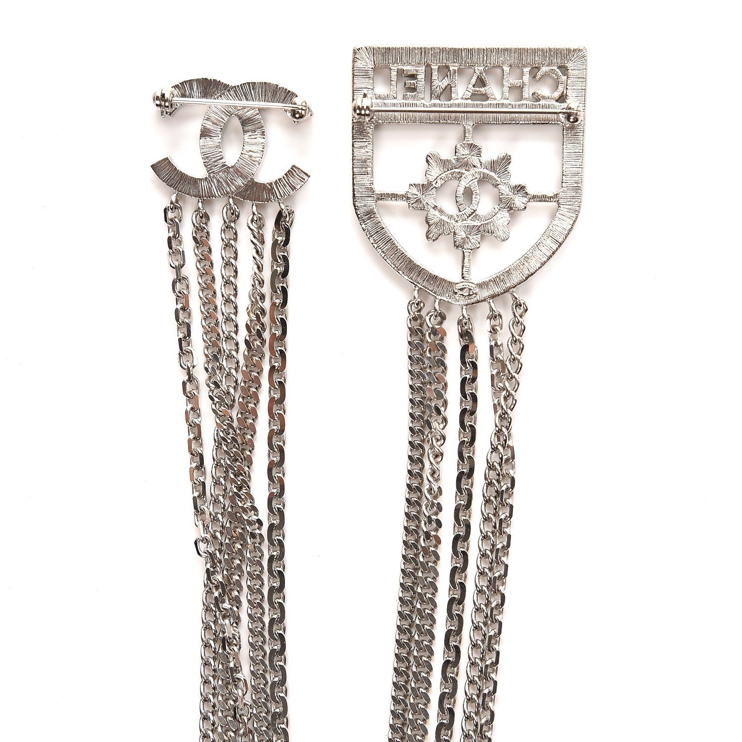 Chanel Baguette Crystal CC Shield Multi Strand Long Chain Brooch Silver 6 of 7