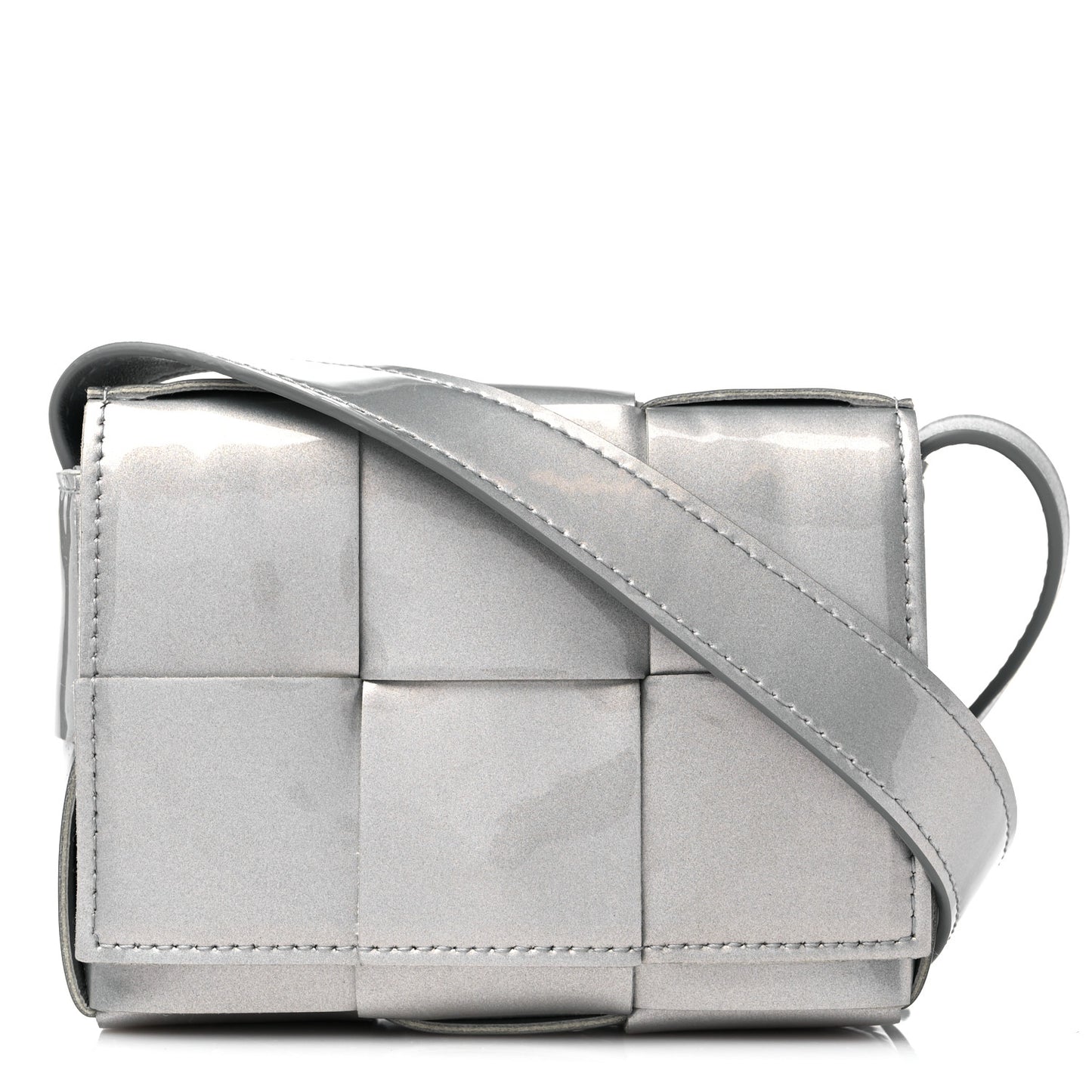 Metallic Patent Calfskin Maxi Intrecciato Extra Mini Cassette Crossbody Bag Silver