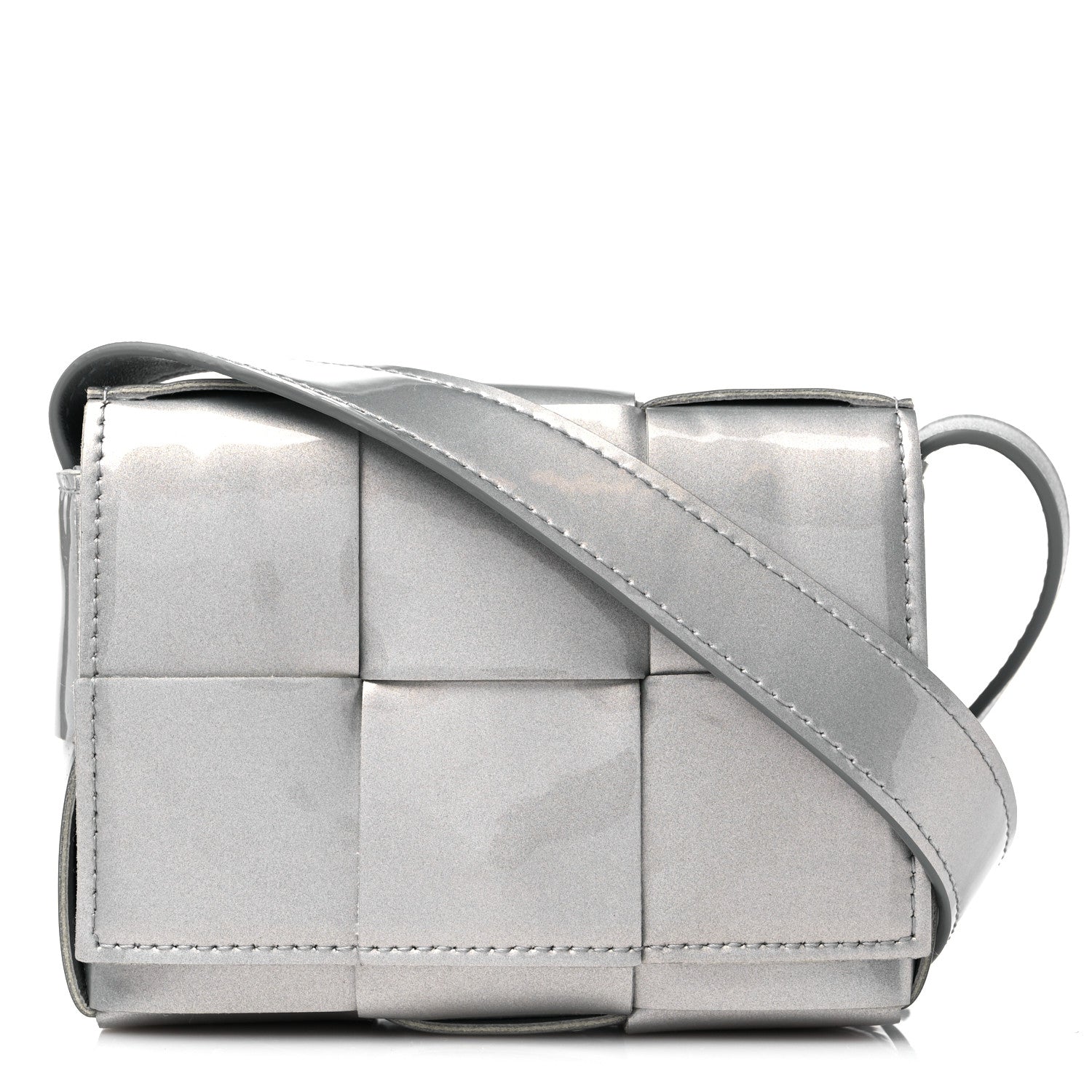 Bottega Veneta Metallic Patent Calfskin Maxi Intrecciato Extra Mini Cassette Crossbody Bag Silver 1 of 8