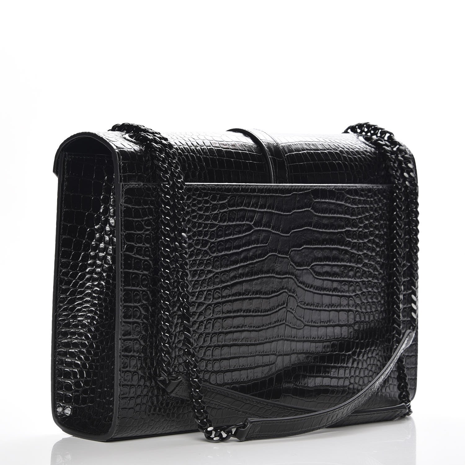 Saint Laurent Calfskin Crocodile Embossed Monogram Large Satchel Black 3 of 7