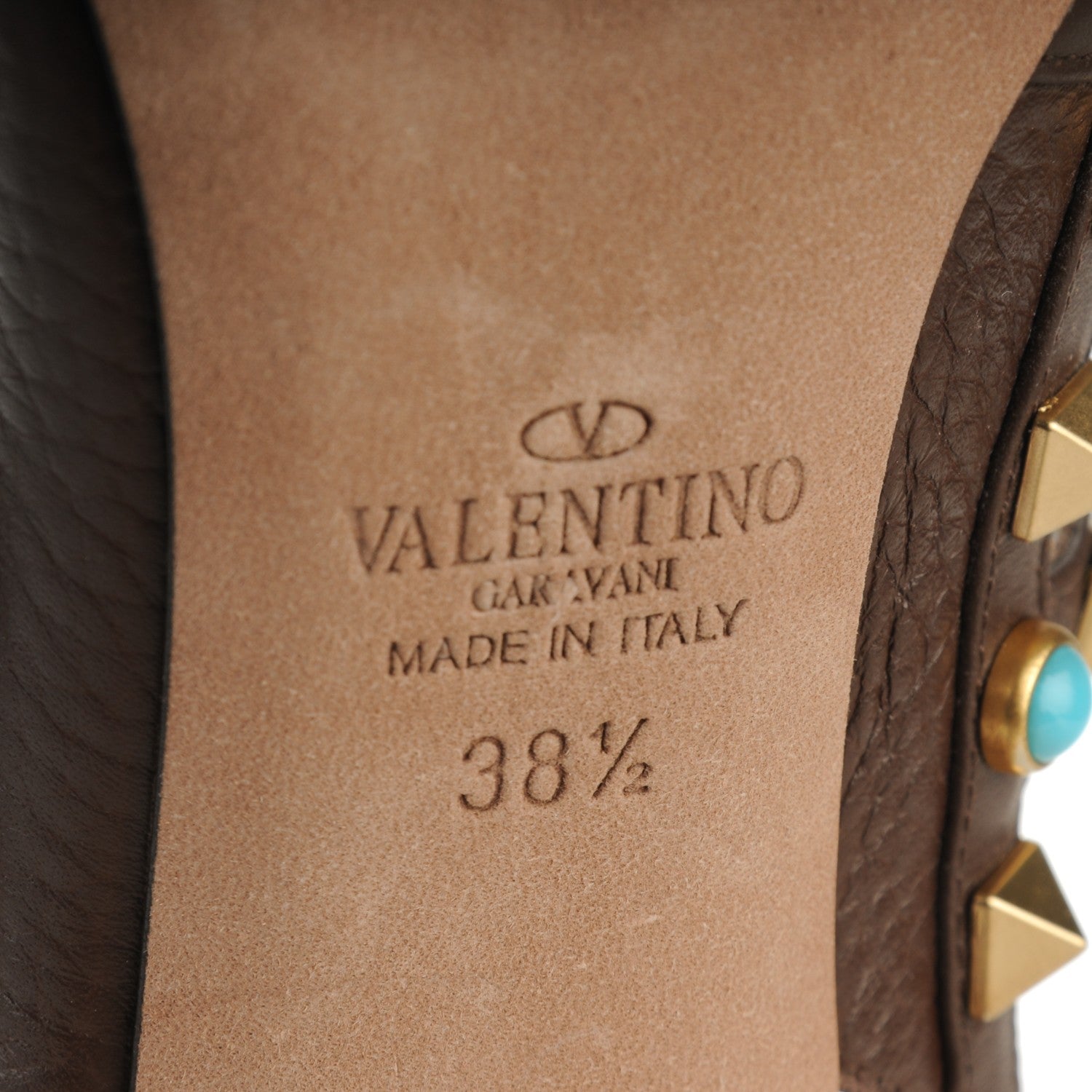 Valentino Garavani Pebbled Calfskin Turquoise Rockstud Rolling Ankle Strap 100mm Pumps 38.5 Cacao 6 of 7
