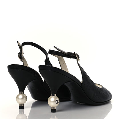 Chanel Calfskin Pearl CC Peep Toe Slingback Pumps 41 Black 4 of 9