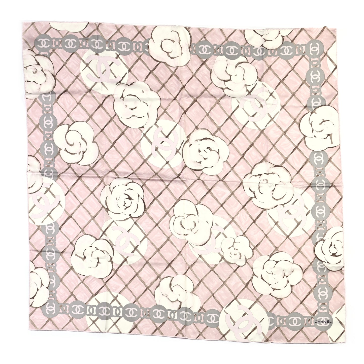 Silk CC Logo Camellia Scarf White Pink