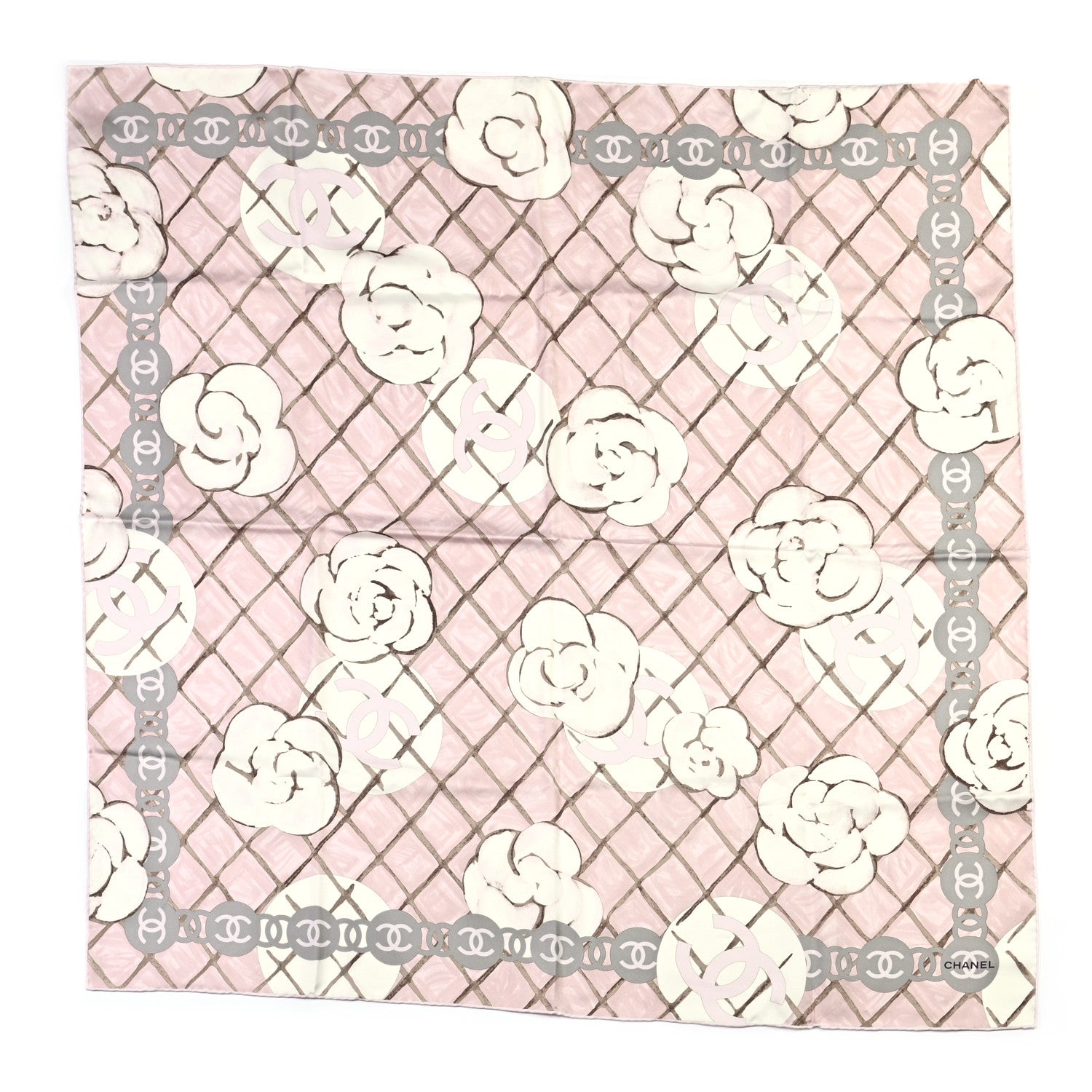 Chanel Silk CC Logo Camellia Scarf White Pink 1 of 4
