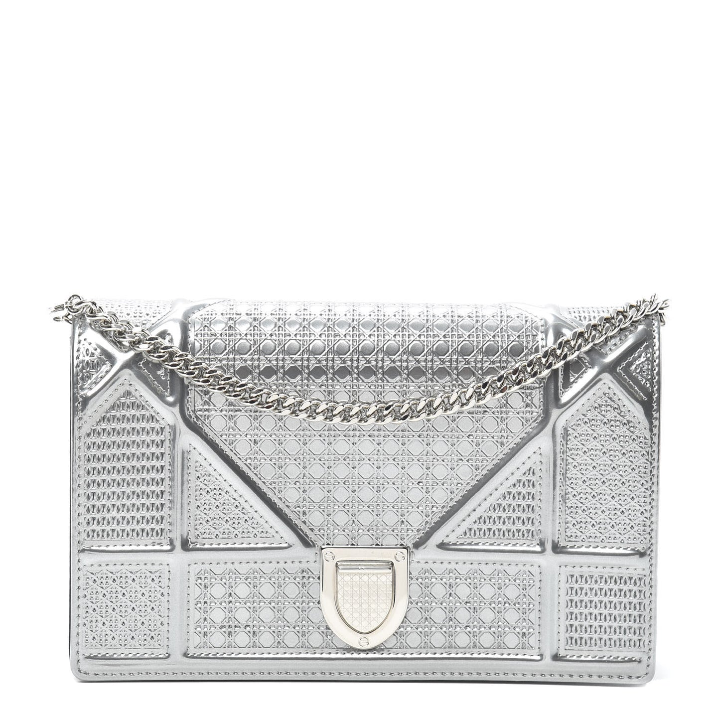 Metallic Patent Micro-Cannage Diorama Wallet on Chain Pouch Silver