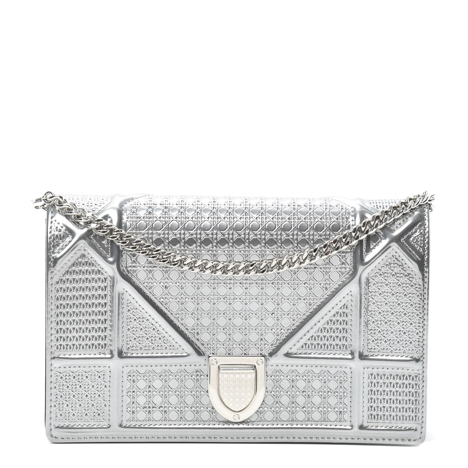 Christian Dior Metallic Patent Micro-Cannage Diorama Wallet on Chain Pouch Silver 1 of 8