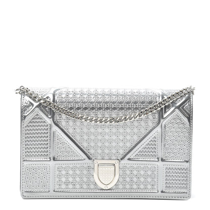 Christian Dior Metallic Patent Micro-Cannage Diorama Wallet on Chain Pouch Silver 1 of 8