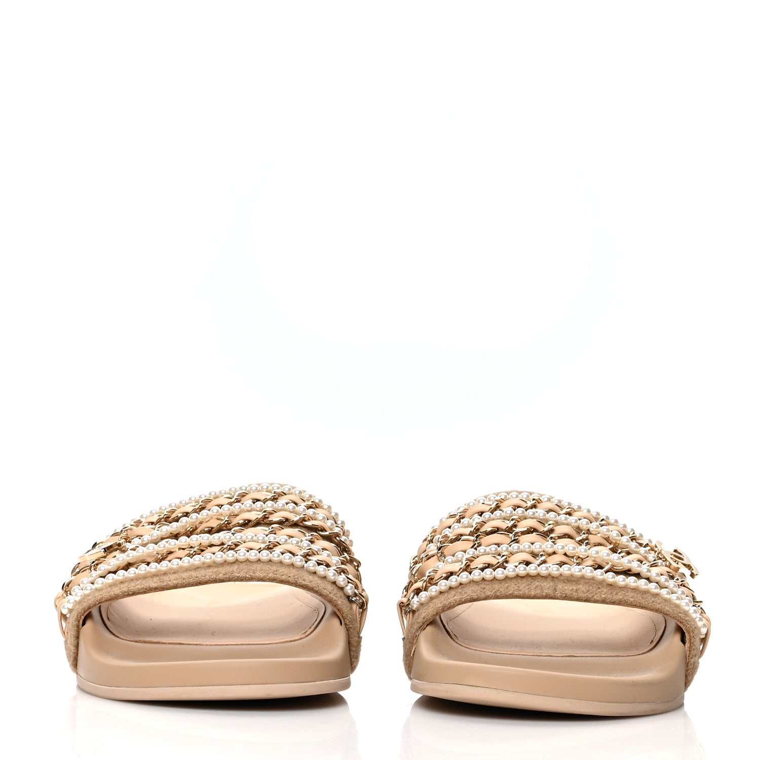 Chanel Felt Pearl Lambskin Chain Flat Sandals 38 Beige 2 of 8