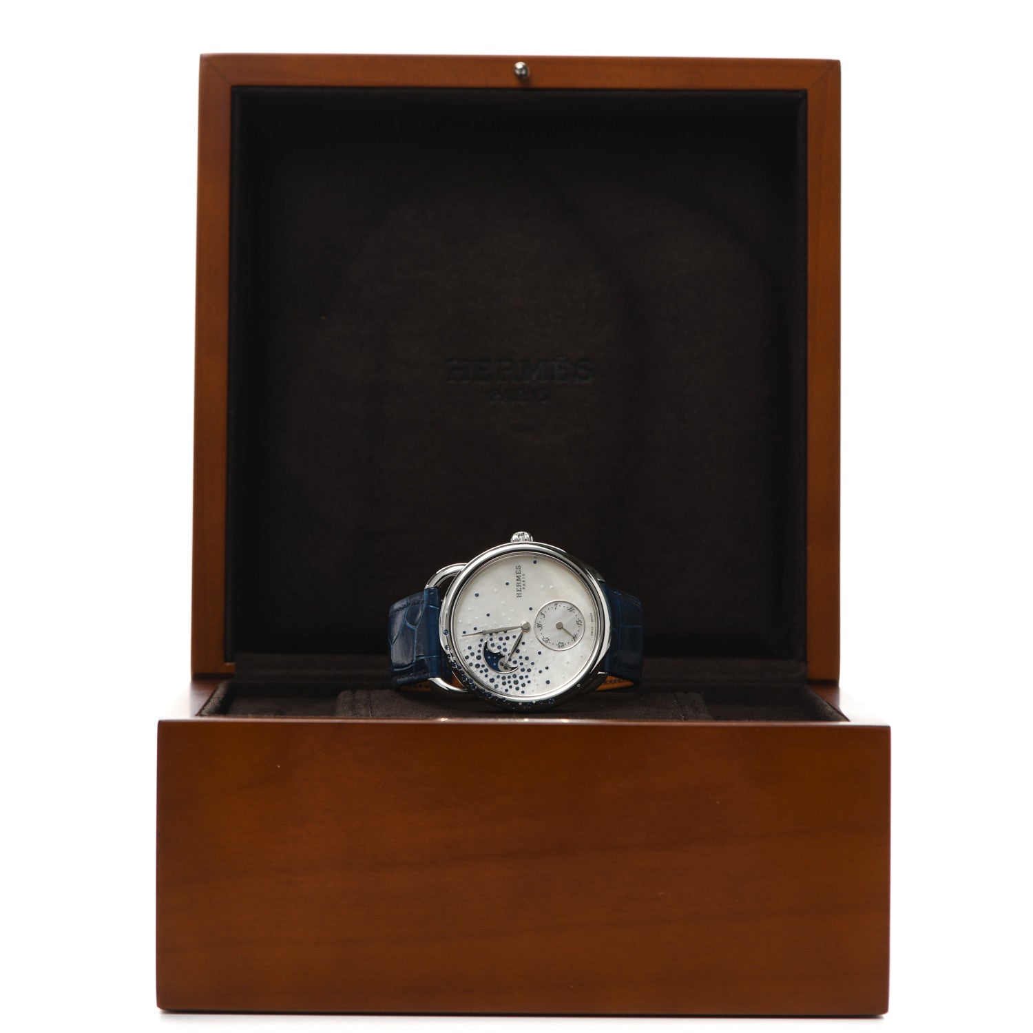 Hermes Stainless Steel Alligator Diamond Blue Sapphire Mother of Pearl 38mm Arceau Petite Lune Automatic Watch Bleu Saphir 5 of 5