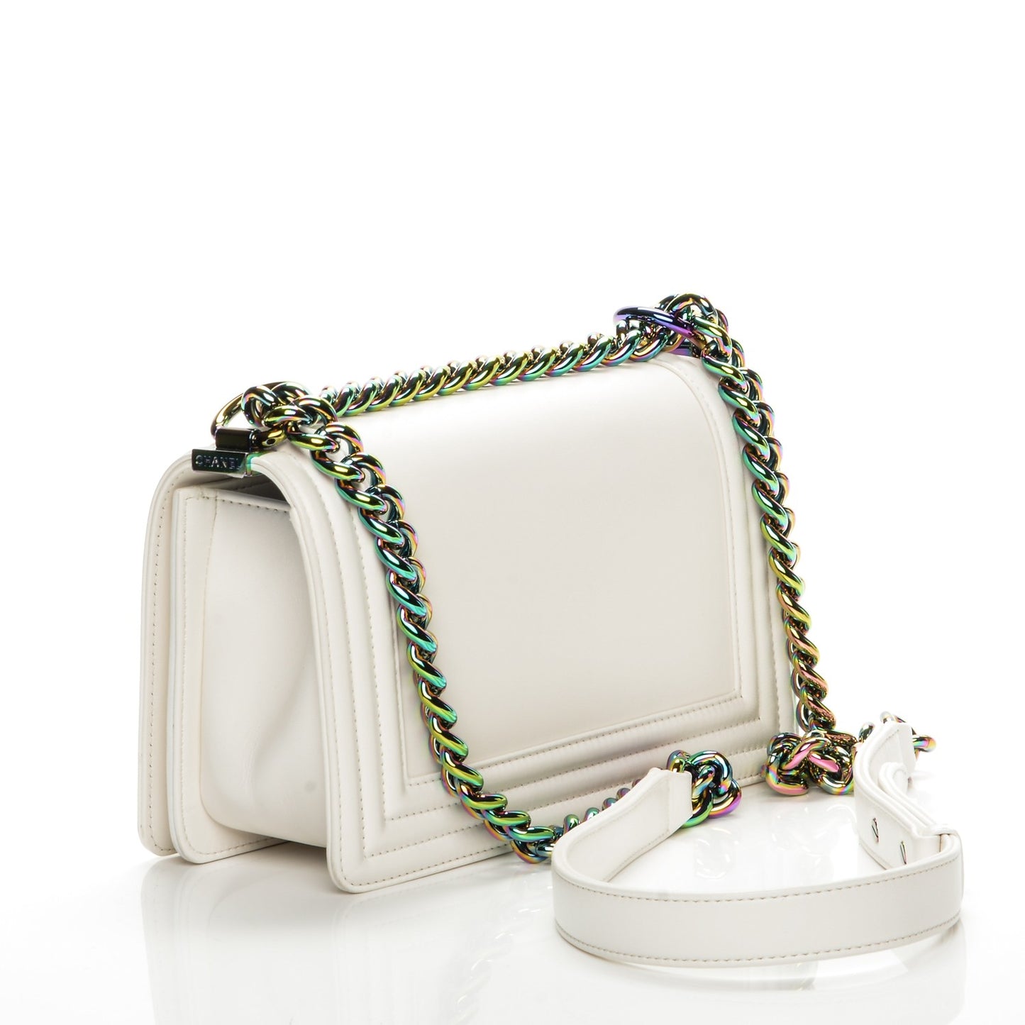 Lambskin LED Iridescent Metal Small Boy Flap White Multicolor