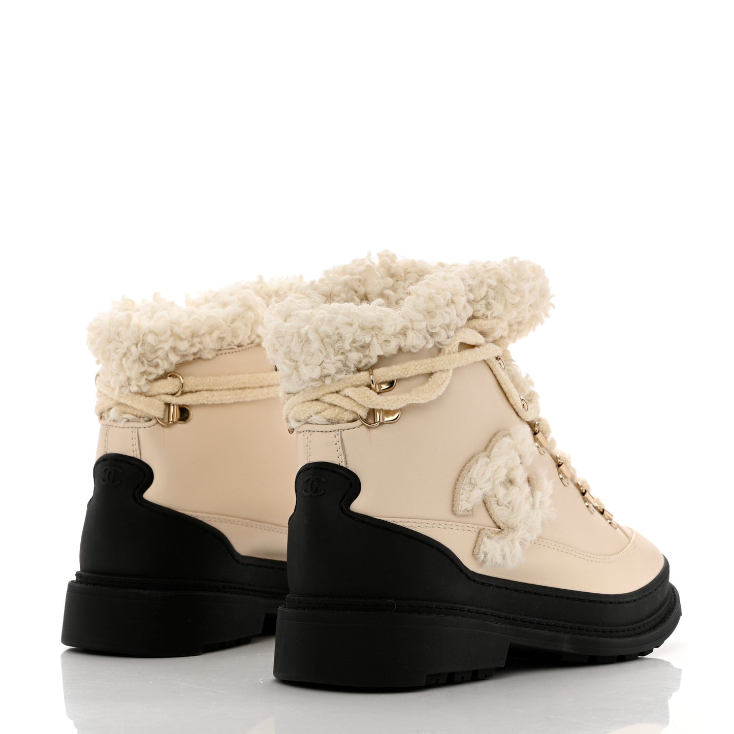 Calfskin Shearling CC Lace Up Boots 38 Light Beige Ivory
