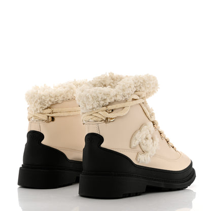 Chanel Calfskin Shearling CC Lace Up Boots 38 Light Beige Ivory 4 of 9