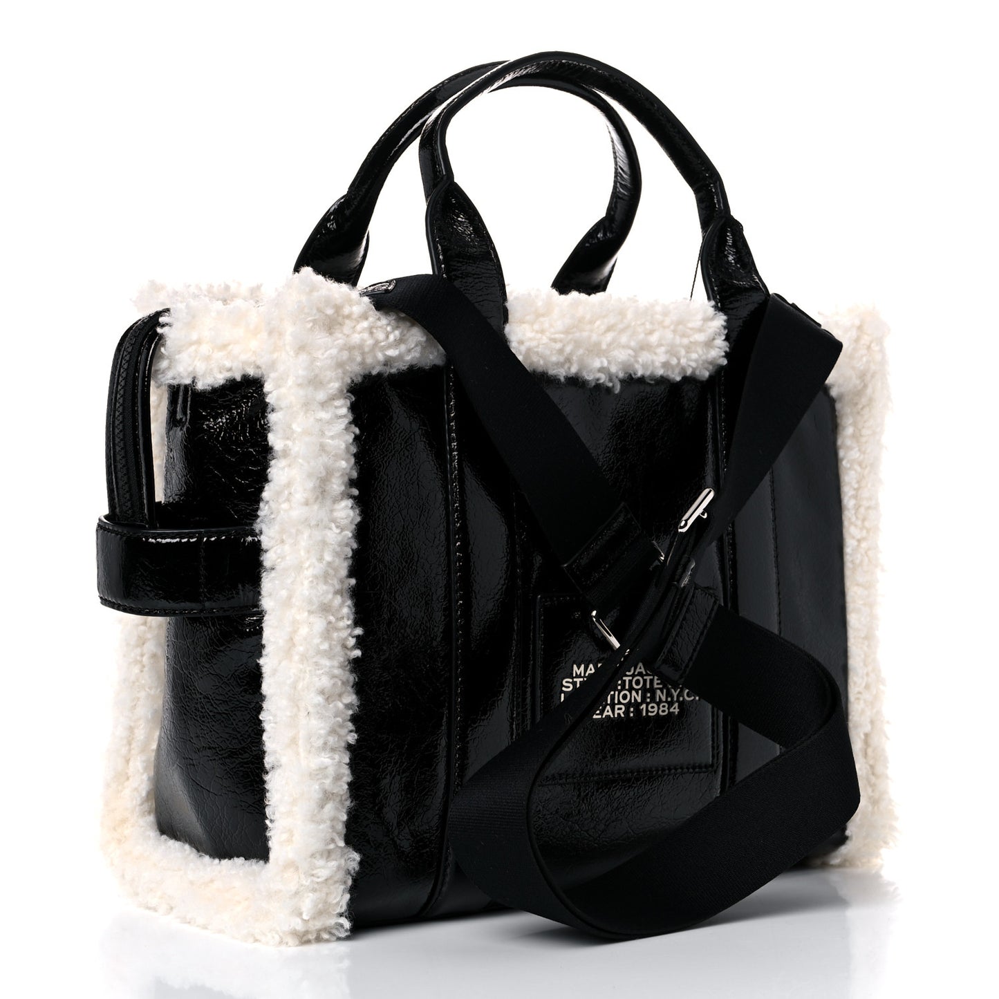 Shiny Calfskin Faux Shearling Small The Traveler Tote Bag Black