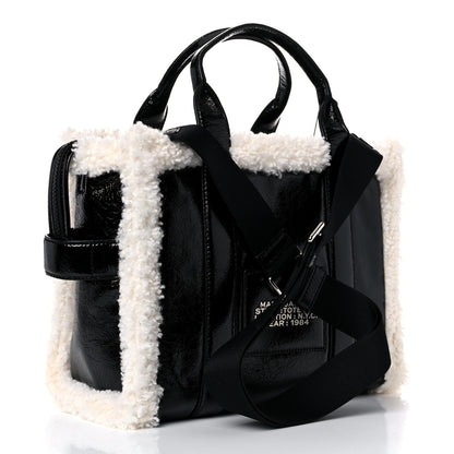 Marc Jacobs Shiny Calfskin Faux Shearling Small The Traveler Tote Bag Black 3 of 8