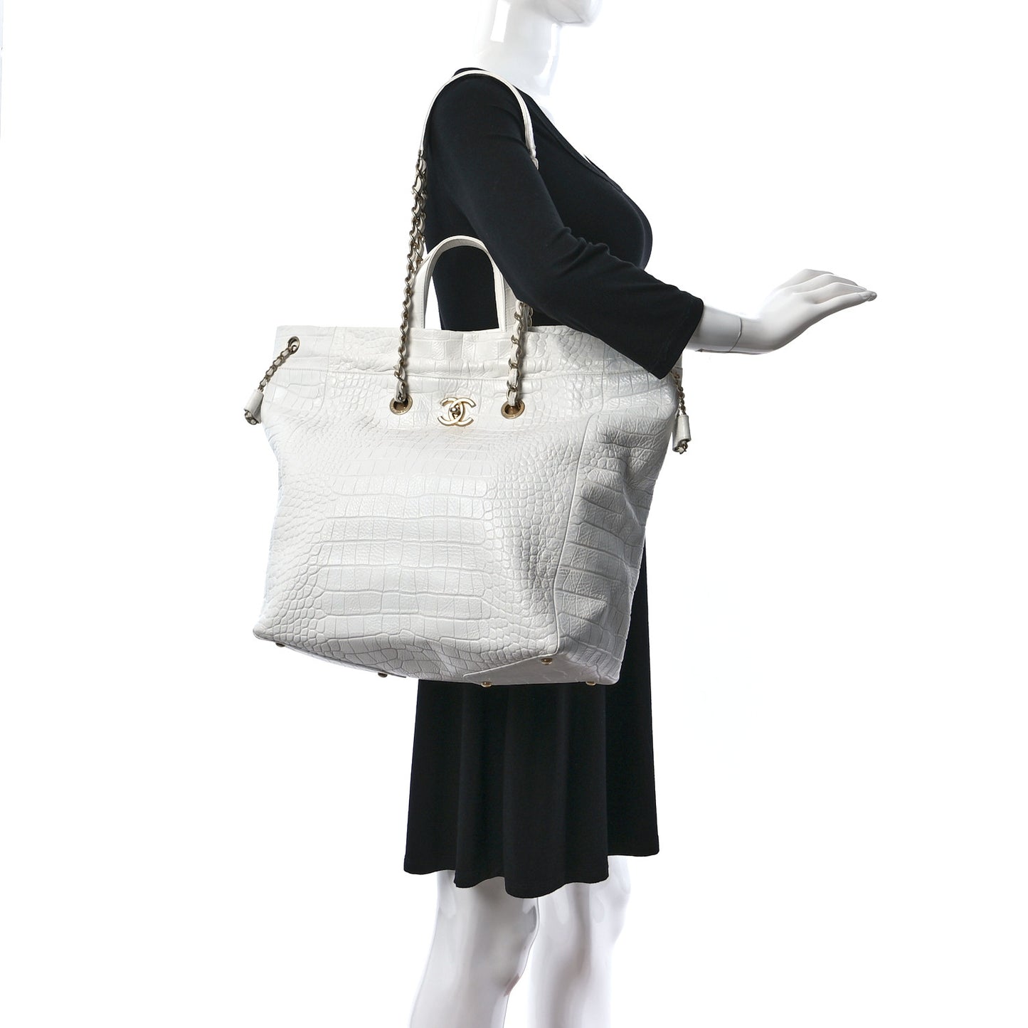 Calfskin Crocodile Embossed Cocodile Shopping Tote White