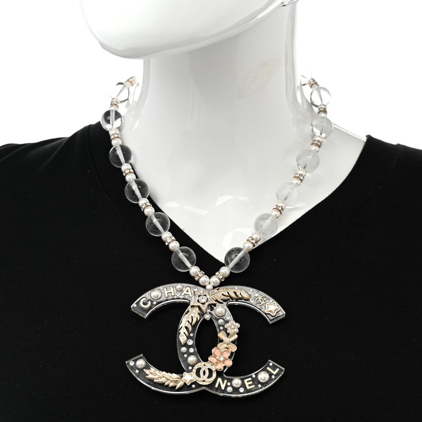 Resin Pearl Crystal Feather Star CC Necklace Transparent Gold