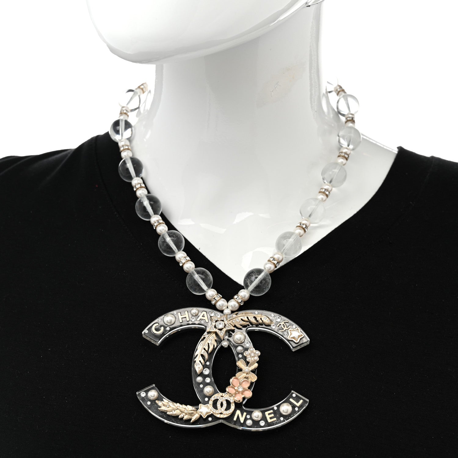 Chanel Resin Pearl Crystal Feather Star CC Necklace Transparent Gold 2 of 7