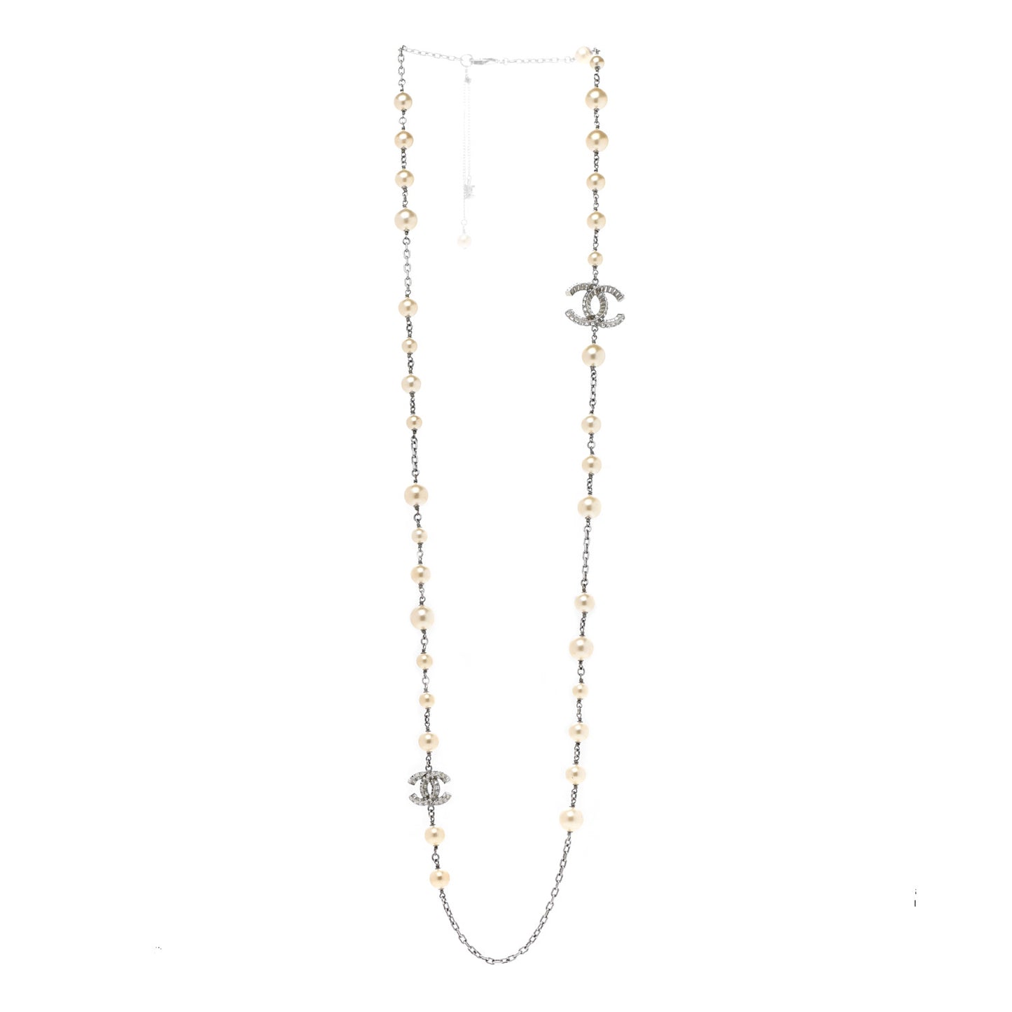 Pearl Baguette Crystal CC Long Necklace Silver