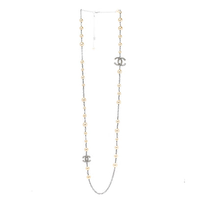 Chanel Pearl Baguette Crystal CC Long Necklace Silver 3 of 7