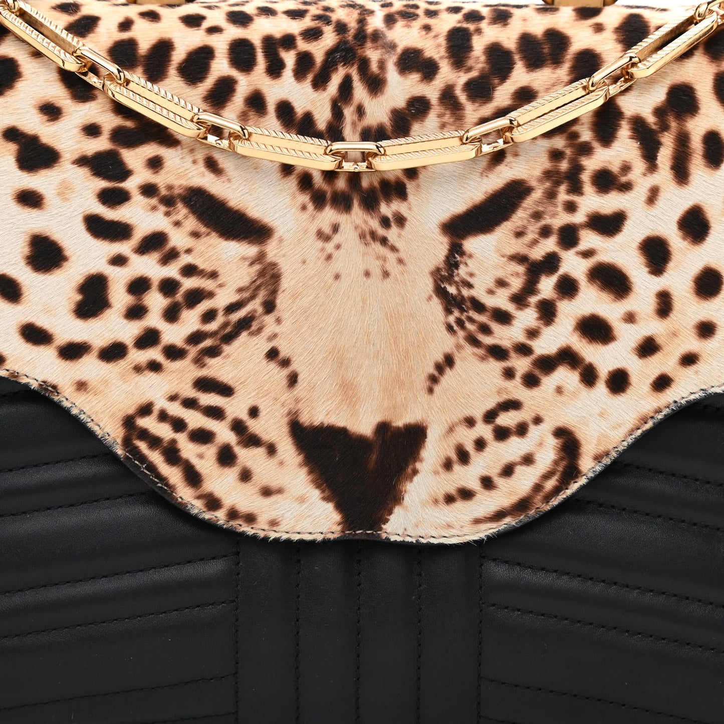 Calfskin Tarapunta Pony Hair Jaguar Print Bamboo Top Handle Flap Bag Black