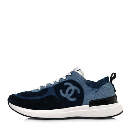 Chanel Denim Suede Calfskin Womens CC Sneakers 38 Dark Blue White Black 1 of 7