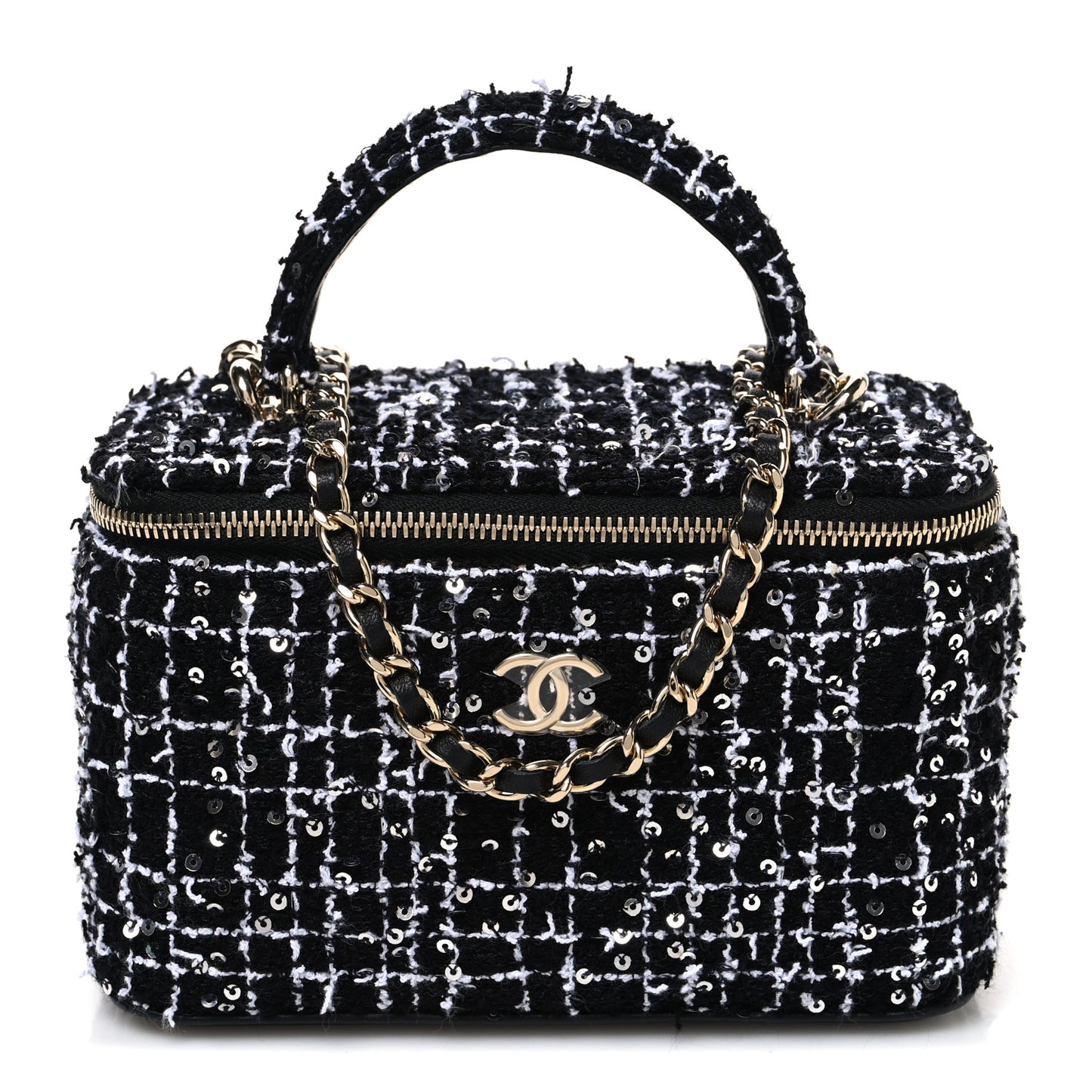 Tweed Sequin Small Top Handle Vanity Case With Chain Black White