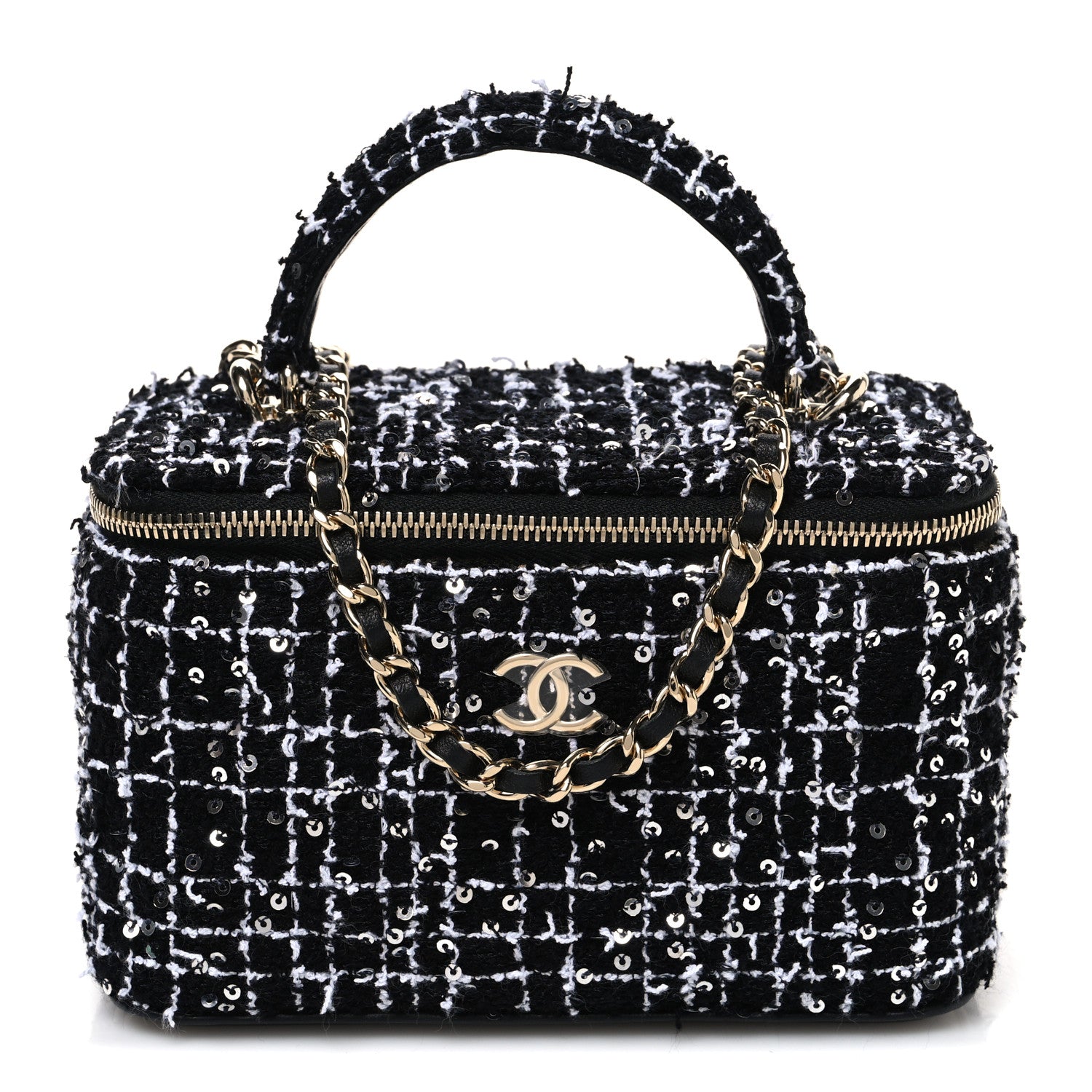Chanel Tweed Sequin Small Top Handle Vanity Case With Chain Black White 1 of 11