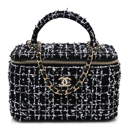 Chanel Tweed Sequin Small Top Handle Vanity Case With Chain Black White 1 of 11