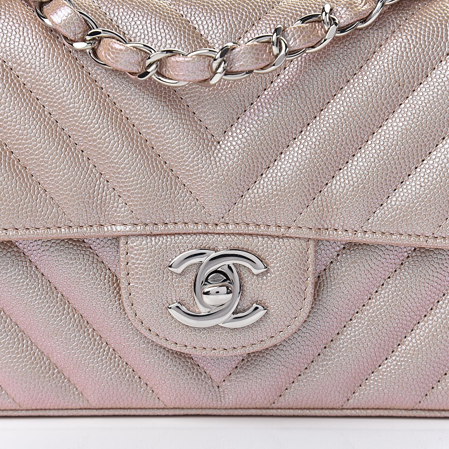 Iridescent Caviar Chevron Quilted Mini Rectangular Flap Light Gold