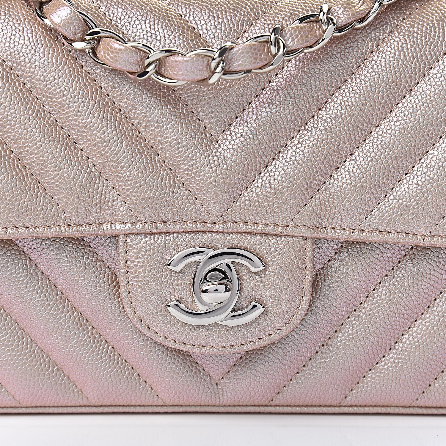 Chanel Iridescent Caviar Chevron Quilted Mini Rectangular Flap Light Gold 10 of 11